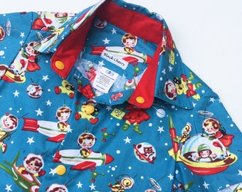 Rockabilly kids slim fit dress shirt children alternative space rocket spaceship ufo atomic retro vintage