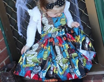 Rockabilly kids retro alternative halloween frankenstein vampire mummy monster friday 13 "Bonnie" pinafore dress
