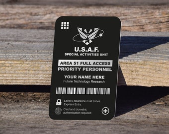 AREA 51 ID CARD - Personalised, Quality Aluminum Laser engraved A51 Pass. Perfect Alien Gift or U.F.O fan gift, Conspiracy Believer Gift.