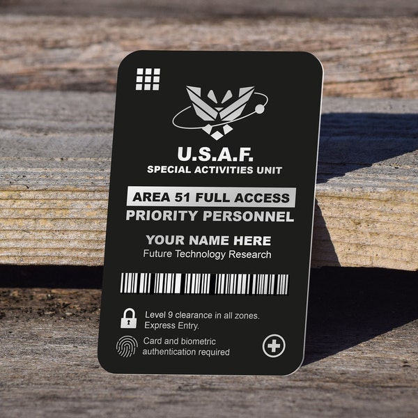 AREA 51 ID CARD - Personalised, Quality Aluminum Laser engraved A51 Pass. Perfect Alien Gift or U.F.O fan gift, Conspiracy Believer Gift.