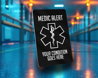 ALERTE MÉDECIN - Carte d'identité en aluminium 100 % personnalisable pour votre état ou votre handicap.