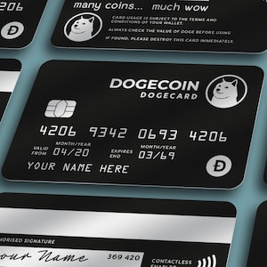 Tarjeta de crédito DOGECOIN / Identificación original - Personalizada (ambos lados) con soporte de aluminio grabado a láser. Próximamente, Bitcoin, Ethereum y otras criptomonedas.