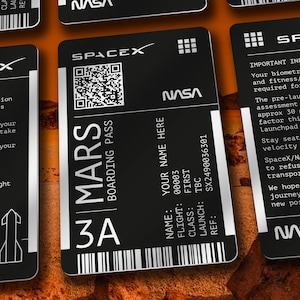 NASA / SpaceX MARS Raumschiff-Bordkarte - Hochwertiger personalisierter und lasergravierter Aluminiumpass - Begleite Elon Musk beim Start. 3.2.1.