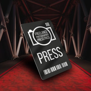 CARTE DE PRESSE - Photographes, indépendants et pigistes. Pièce d'identité personnalisée en aluminium de qualité gravée au laser. Détails personnalisables et code QR.