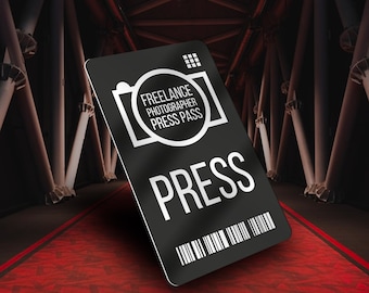 PRESS PASS - Photographers, Independent & Freelance. Personalised Laser Engraved Quality Aluminium ID. Customisable details and Q R code.