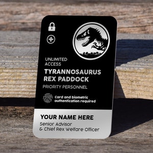 JURASSIC PARK T-Rex Aluminium ID Pass - Quality Personalised Laser Engraved Metal Card. Customised with your Name. Be a Dinosaur Keeper!