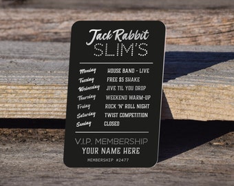 PULP FICTION Jack Rabbit Slims VIP Card  -  Quality Personalised custom Aluminium Laser Engraved wallet card. Shake your stuff, Kittycat!!!!