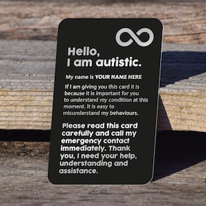 Noodkaart voor AUTISME: GEPERSONALISEERDE ASD-kaart van lasergegraveerd aluminium. Volledig aanpasbaar, persoonlijke eigenschappen en vertrouwd contact :)