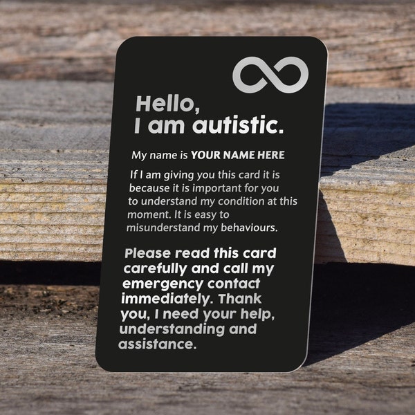 AUTISME Emergency Awareness Card - GEPERSONALISEERDE lasergegraveerde aluminium ASD-kaart. Volledig aanpasbaar, persoonlijke eigenschappen en vertrouwd contact :)