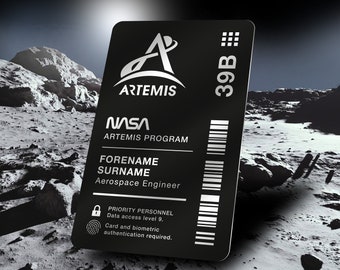 ARTEMIS NASA Access Pass - Personalised Aluminium ID wallet card, and ideal space Gift. Launch astronauts into space on a mission the moon!!