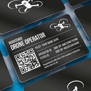 Cartão de identificação de registro de operador de drone com código QR - Identificação de operador/piloto CAA personalizada de alumínio de alta qualidade gravada a laser