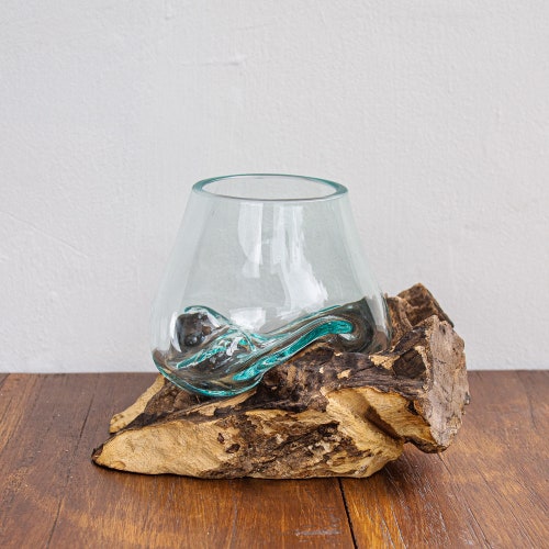 Molten Glass Vessel on Gamal Wood Base Etsy