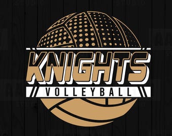 Può includere: Un logo per una squadra di pallavolo, con un pallone e la parola "KNIGHTS" in grassetto e stilizzata. La parola "VOLLEYBALL" è sotto. Il design è in oro e bianco su sfondo nero. Il logo include anche il testo "AARON STUDIO" e icone di tipo di file.