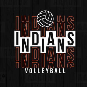 Könnte beinhalten: Schwarzer Hintergrund mit dem Wort "INDIANS" in Weiß und Orange, mit einer Volleyball-Grafik. Das Wort "INDIANS" ist vertikal gestapelt. Das Wort "VOLLEYBALL" steht unter dem gestapelten Text. Das Bild enthält auch den Text "AARON STUDIO" und Dateityp-Symbole.