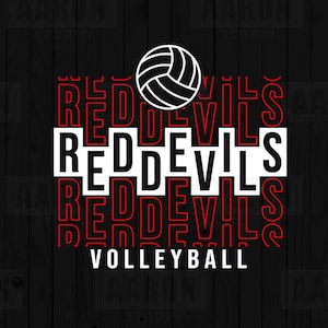 Könnte beinhalten: Schwarzes Grafikdesign mit dem Text "RED DEVILS" in Weiß und Rot sowie einer Volleyball-Illustration. Das Wort "VOLLEYBALL" steht unter dem Text. Das Bild enthält Dateityp-Symbole.