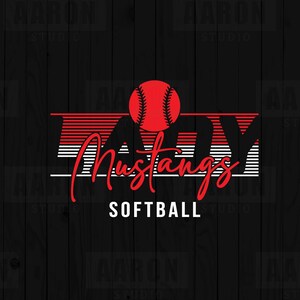 May include: A black background with a red and white softball design. The design includes a red softball, the word "LADY" in red, and "Mustangs" in a cursive font. The word "SOFTBALL" is below the design in white.