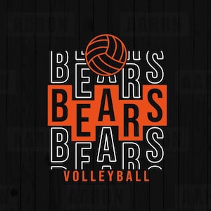 May include: Black and orange volleyball-themed graphic design. The word "BEARS" is displayed in white and orange, with a volleyball graphic above. The word "VOLLEYBALL" is at the bottom. The design is on a black background.