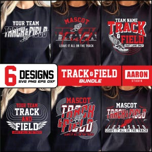 May include: A collection of six black t-shirts featuring track and field designs. Each shirt displays text like "Your Team Track & Field" and "Mascot Track & Field" in white and red. The shirts include graphics of running shoes and wings.