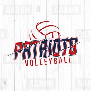 May include: Red and blue volleyball graphic with the word "Patriots" in a bold font and the words "Volleyball" below. The graphic is set against a white woodgrain background.