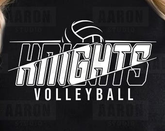 Può includere: Grafica in bianco e nero con la parola "Knights" in un carattere audace e stilizzato. La grafica include anche una pallavolo e le parole "Volleyball" sotto la parola "Knights".