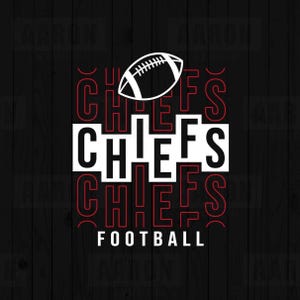 May include: A graphic design featuring the word "CHIEFS" in white block letters, overlaid with the word "CHIEFS" in a red, curved font. A white football graphic is at the top, with the word "FOOTBALL" at the bottom. The background is black.