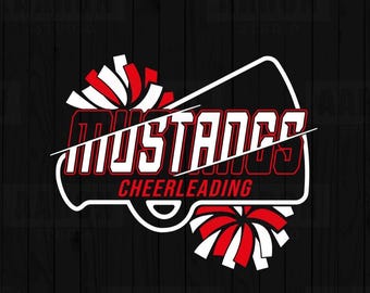 May include: A black and red graphic design featuring the word "MUSTANGS" in white, with "CHEERLEADING" in red below. The design includes a megaphone shape and red and white pom-poms. The background is a dark wood grain.