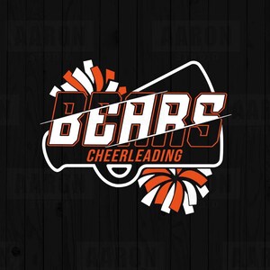 May include: A black and orange graphic design featuring the word "BEARS" in white block letters with orange trim, and the word "CHEERLEADING" below. The design includes pom-poms and is set against a black wood-grain background.