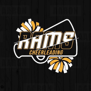 May include: A black and gold Rams Cheerleading logo with pom-poms. The word "RAMS" is in bold, outlined letters, with "CHEERLEADING" below. The background is a dark wood grain.