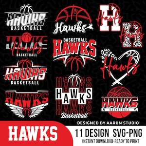 May include: A collection of eleven basketball-themed designs in red and white on a black background. The designs feature the word "Hawks" with basketball graphics. Text includes "Basketball" and "Designed by Aaron Studio."