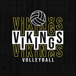 May include: Black graphic design featuring the word "VIKINGS" in yellow and white, with a volleyball graphic. The word "VIKINGS" is stacked vertically, with the word "VOLLEYBALL" below.