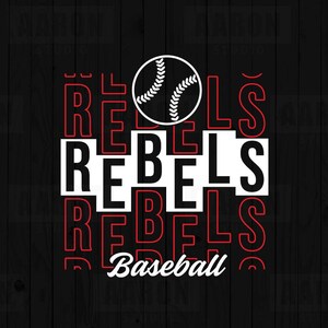 May include: Black and red graphic design with the word "REBELS" repeated multiple times. A white baseball with red stitching is at the top. The word "Baseball" is written in white script at the bottom.