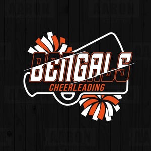May include: A graphic design featuring the word "BENGALS" in white and orange, with "CHEERLEADING" below. The design includes orange and white pom-poms and is set against a black wooden background.