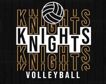 Può includere: Un design grafico con la parola "Knights" impilata e un pallone da pallavolo in alto. Il testo è in bianco e oro, su uno sfondo nero con venature del legno. La parola "Volleyball" è in basso.