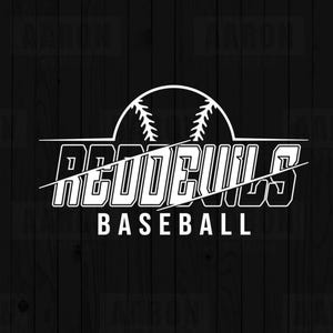 Könnte beinhalten: Weißes Baseball-Motiv auf schwarzem Hintergrund. Das Design zeigt die Worte "REDEVILS BASEBALL" mit einer Baseball-Grafik über dem Text. Der Hintergrund hat eine Holzmaserungsstruktur.