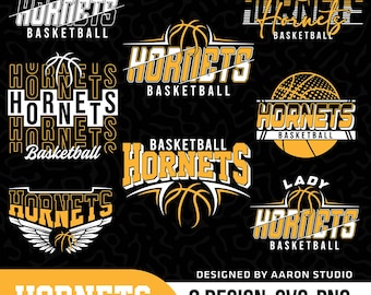 May include: A collection of eight basketball-themed designs featuring the word "Hornets" in various styles. The designs incorporate basketball graphics and the text "Basketball". The color scheme includes black, white, and yellow.