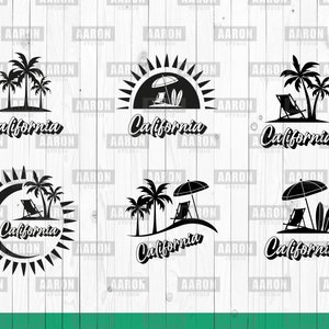 Conjunto de verão da Califórnia, elementos de praia ilustrados com letras da Califórnia para camiseta impressa de verão, svg, eps, pdf, png,jpg