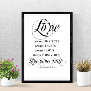 Love Never Fails, 1 Corinthians 13, Wedding Printable, Bible Verse Wall Art
