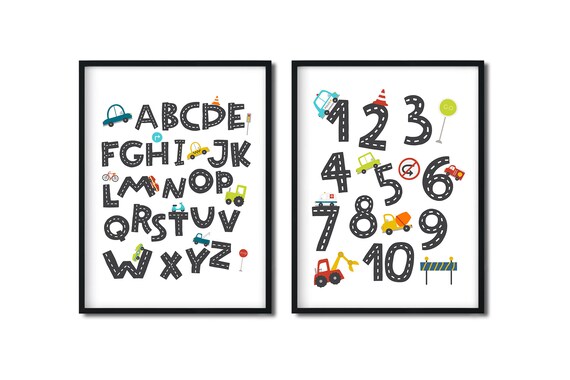 printable road alphabet and number prints with vehicles car etsy