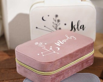 Personalized Birth Flower Velvet Jewelry Box, Custom Name Jewelry Case, Birthday Gifts, Travel Box, Birth Month Flower Gift, Jewellery Box
