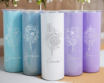 Personalized 20oz Travel Mug, Custom Insulated Steel Laser Engraved Tumbler, Etched Tumbler, Floral Tumbler, Bridesmaid Proposal, Bouquet