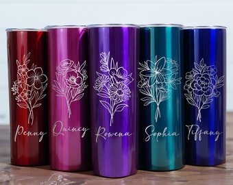 Personalized Travel Mug, 20oz Tumbler, Custom Insulated Steel Laser Engraved Tumbler, Mother's Day Gifts, Etched Tumbler, Floral Tumbler