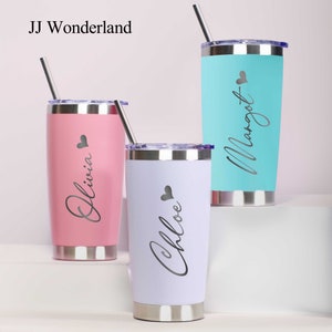 May include: Three personalized stainless steel tumblers with straws. The tumblers are pink, light purple, and light blue. The names Olivia, Chloe, and Margot are engraved on the tumblers.