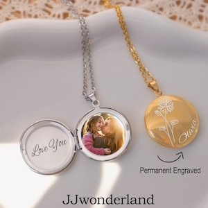 Personalized Birth Flower Locket Necklace with Photo, Birthday Gift Locket Necklace, Engraved Locket, Gift for her, Gift for mom