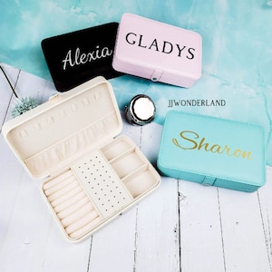Caja de joyería personalizada, caja de joyería portátil personalizada, estuche para pendientes y collares, caja de cuero, regalo de dama de honor, regalo del día de la madre