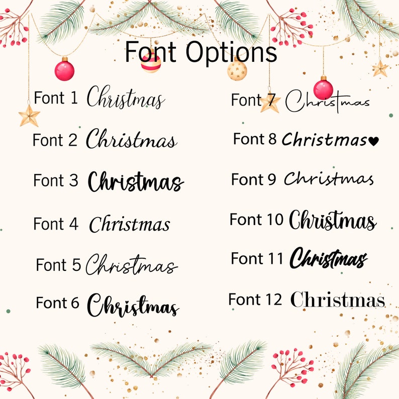 May include: A graphic showing 12 different font options for the word "Christmas". The fonts are displayed in a white text on a light beige background with a festive Christmas theme.