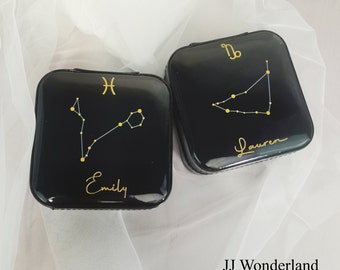 Gepersonaliseerde dierenriem sieradendoos, sterrenbeelddoos, aangepaste sterrenbeeld dierenriemdoos, cadeau voor haar, verjaardagscadeau voor vrouwen, zwarte reisetui