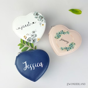 Joyero personalizado, joyero portátil en forma de corazón, panel para pendientes y collares, caja de cuero PU, regalo para niñas