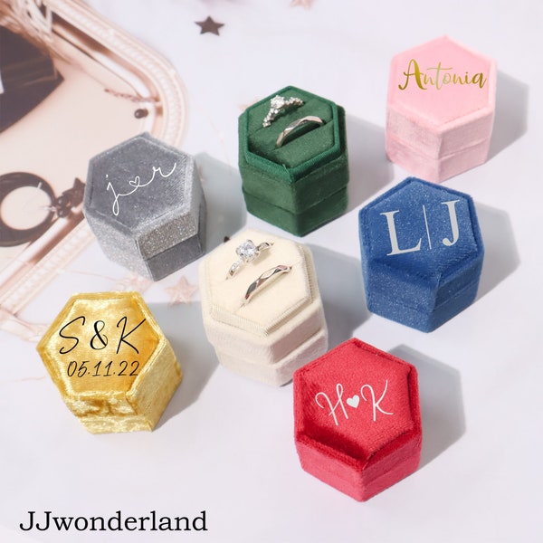 Personalized Hexagon Velvet Ring Box, Engagement Ring Box, Ring Bearer, Valentine Day, Proposal Ring Box, Double Ring Box, Wedding Ring box