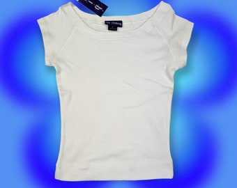 Y2K White Baby Tee - Scoop Neck - 2000s Deadstock With Tags