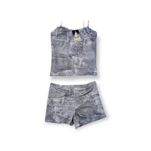 Y2K Cami & Shorts Lingerie / Festival Set in Grey Denim Print - 2000s Deadstock NWT